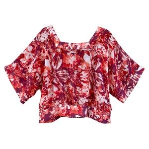 Floral Chiffon Boho Square Neck Wide Sleeve Top Red Purple Size L(P)